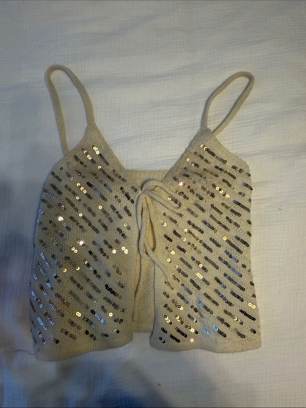 Beige and Gold Sequin Knit Cami Top tie front